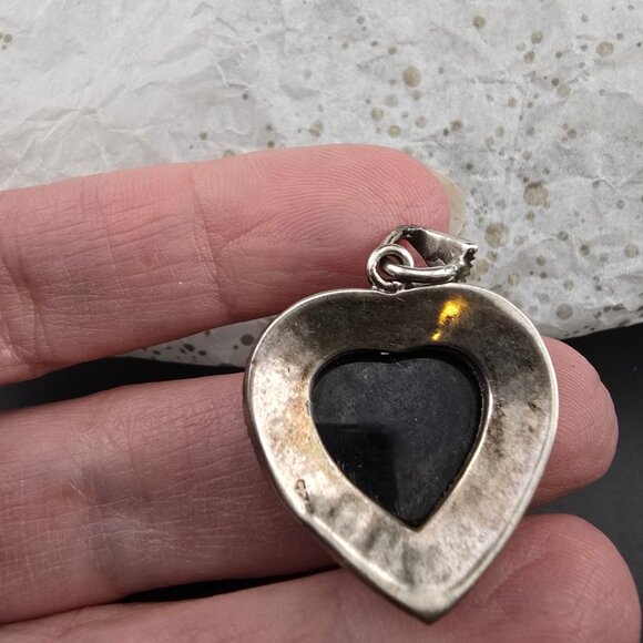 Vintage Heart-Shaped Marcasite & 925 Sterling Silver Pendant With Black Stone - Picture 10 of 11